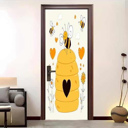 3D Kreative Türaufkleber 77x200 cm Cartoon-Bienenstock Mit Bienen Türfolie Selbstklebend - Wasserdicht Abnehmbare Vinyl Fototapete Türposter, Liebe Blumen DIY Türtapete Selbstklebend für Innentüren
