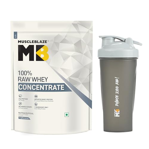 Image of MuscleBlaze 100% Clean Raw Whey Protein Concentrate (Unflavoured, 1kg) with Shaker | Combo Pack | 24g Protein per Scoop | Easy to Digest