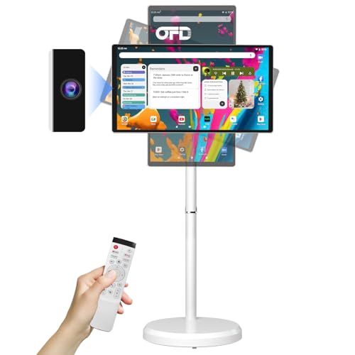 OFD 21.5 Inch 2nd Gen Portable TV on Wheels 1080P,100%sRGB,6+128GB Storage,Android 15 OS Touchscreen RollingTV with 13MP Webcam,Remote Control,Wireless Projection,6000 mAh Battery,EDLA-Certified,White