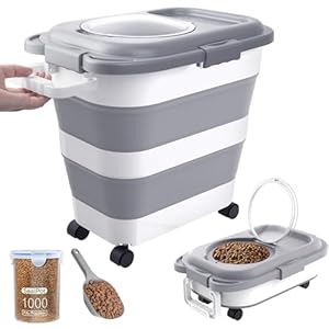 25-28 Lbs Dog Food Storage Container, Collapsible Dog Food Container with Airtight Lids, Wheels, Handle, Large Pet food storage Container with Dog Food Scoop,Small Food Container for Dog Cat