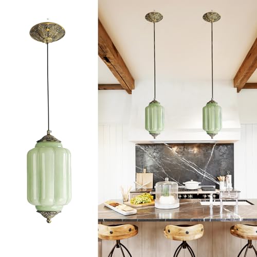 YESIDS Vintage Milk Glass Pendant Lights Kitchen, Brass Color Glass Ceiling Light Fixture, Retro Industrial Pendant Lighting for Dining Room, Kitchen, Bedroom, Entryway, Hallway (Green, 5.5in)