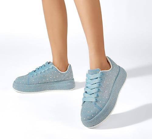 Image of LUCKY STEP Rhinestone Platform Sneakers for Women | Sparkly Glitter Bling Tennis Shoes Fashion Wedding Party Walking Sneakers