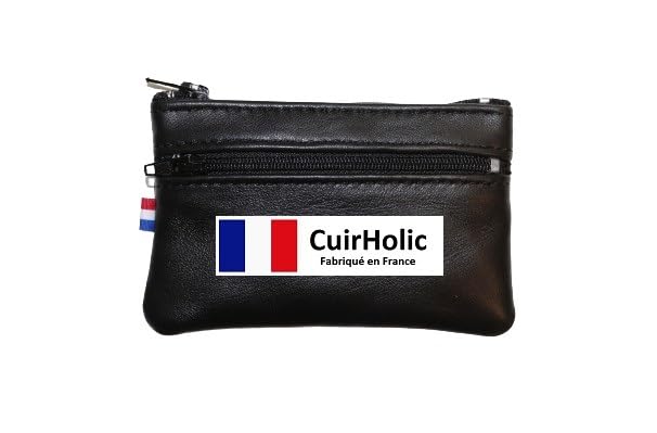 Porte-Monnaie Plat/Mini Pochette/Porte-Cartes/Mini Pouch - Noir - Cuir Agneau Véritable - Doux et Soyeux - Homme et Femme - Fabriqué en France - Taille S