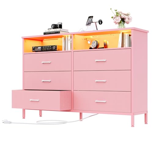 Pink Dresser for Bedroom 6 Drawer Dresser Fabric Vertical Storage Tower with Fabric Bins with Open Shelves LED Light and Charging Station Chest of Drawers for Closet Chests Organizer Living Room