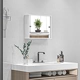 kleankin Armario con Espejo de Baño Mueble Colgante para Baño con Estante Ajustable y Puerta Corredera Doble para Dormitorio 55x15x45 cm Blanco Brillante