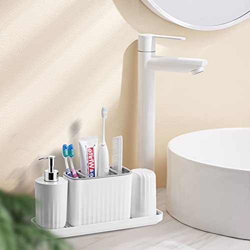 Vitviti Plastic Toothbrush Holder, Bathroom Organizer Countertop, Bathroom Counter Asseccories Storage Set With Tumbler, Soap Dispenser, Drainage Tray, For Bathroom/Toothpaste/Kids - White #TOP5