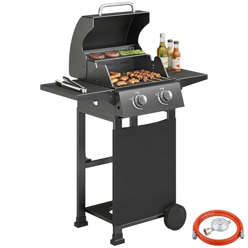 Outsunny Gasgrill 5,4 KW 2 Brenner Stahl BBQ Grillwagen inkl klappbar Seitentisch Thermometer verchromter Grillrost Warmhalterost Rolle Unterschrank, Gas-Grill für Balkon Party BBQ Schwarz