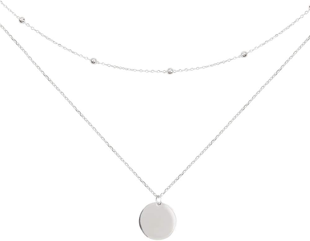 Dtja Layered Disc Pendant Choker Necklace for Women 925 Sterling Silver-Tone,Gold-Tone Dainty Full Moon Circle Coin Collar Two-Double Chain Fashion Y Jewelry Best Box Birthday Wedding (Silvery)