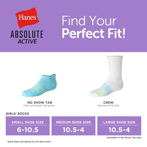 Hanes Girls Socks Pack, Ankle, Crew, No Show 6 Pairs, Absolute Active Cushioned Ankle Socks for Girls