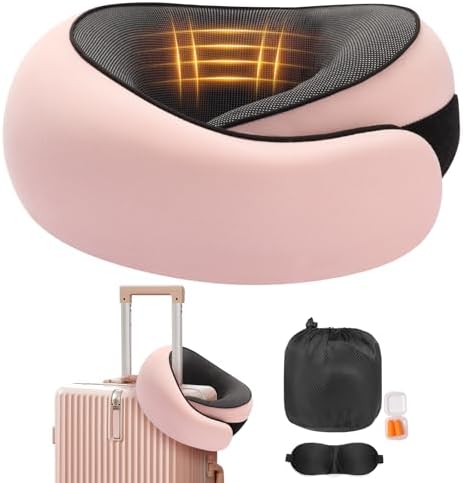 Ergonomic Travel Neck Pillow with Memory Foam Support – Comfortable Airplane Pillow for Adults, Portable Neck Cushion for Car, Office and Long Flights with Eye Mask, Earplug Holder and Carry Bag
