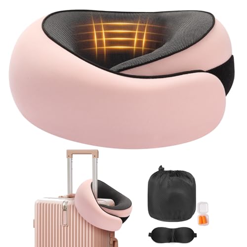 Ergonomic Travel Neck Pillow with Memory Foam Support – Comfortable Airplane Pillow for Adults, Portable Neck Cushion for Car, Office and Long Flights with Eye Mask, Earplug Holder and Carry Bag