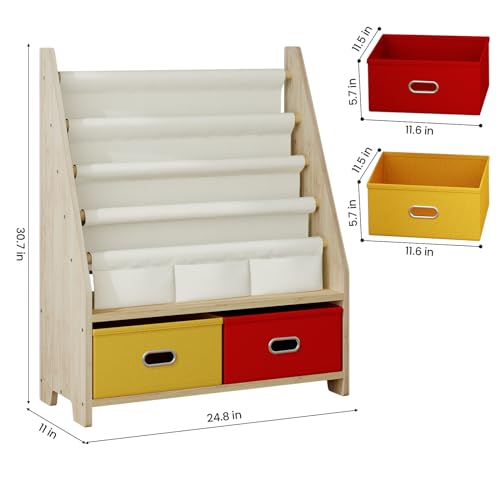 Image of EXPERLAM 4 Tier Kids Book Shelf, Wooden Kids Book Rack Storage Bookshelf with Toy Storage Organizer, Toddler Sling Bookshelf for Boys, Girls, Play Room, Nursery, Red /Yellow