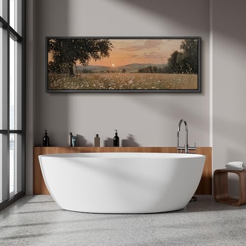 Image of MUDECOR Large Framed Canvas Print Wall Art Golden Sunset Meadow with Wildflowers Warm Landscape Antique Retro Ready to Hang Painting for Living Room Bedroom Multi-Sizes - 60 inchx20 inch
