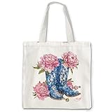 OTOUO Chinoiserie Western Boots Canvas Tote Bag - Cowboy Boots Canvas Tote Bag for Women Men, Blue and White Floral Canvas Tote Bag Aesthetic, Cowgirl Gifts for Women