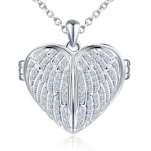 Image of MICSAVI Cubic Zirconia Angel Wing Heart Locket Necklace 925 Sterling Silver, Wings Pendant with Magnet Open for Picture Personalised Photo Locket Necklaces for Women