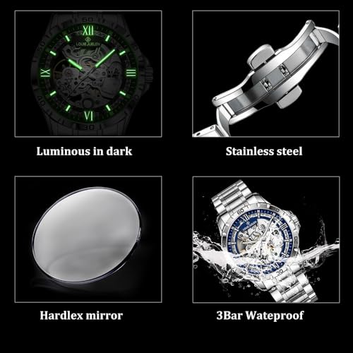 Image of Skeleton Automatic Mechanical Watch Mens Business Luxury Gift Steel Band | Stainless Steel Waterproof Male Golden Wristwatch Luminous Markers & Hands Hardlex Mirror Butterfly Double Button