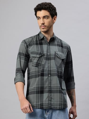 Image of Majestic Man Men's Pure Cotton Cargo Checks Shirt with Dual Flap Pockets - Slim Fit | Full Sleeve | Casual Wear | Trendy & Comfortable