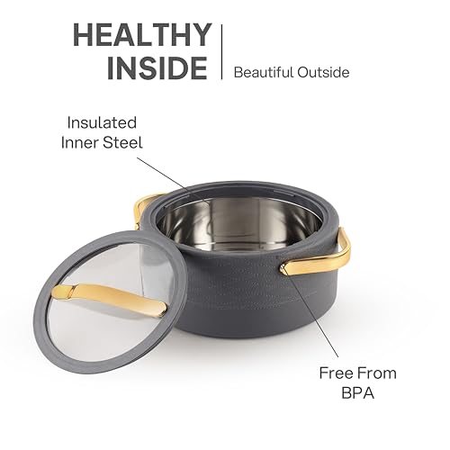 Image of CELLO Velvetto Deluxe 2000 Insulated Casserole Hot Box for Kitchen 2000 ml, Grey | Airtight See Through Lid Hot Pot Case Keeps Food Hot & Warm for Long Hours, Casserole Set for Roti, Rice & Biryani