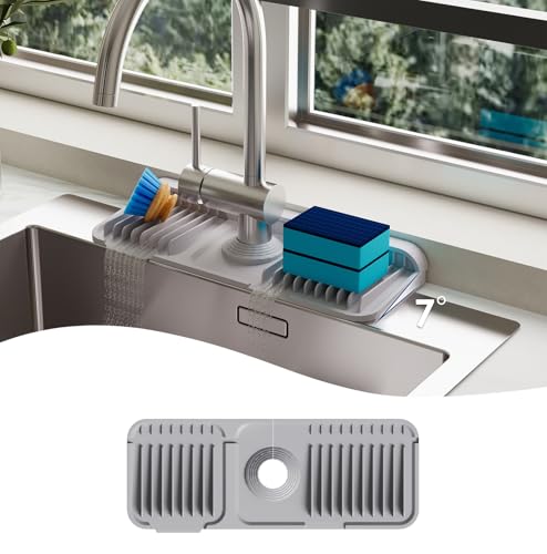 14.6 Inch Silicone Faucet Mat for Kitchen Sink Splash Guard - 6 Slope Water Draining Mat with Fasten Button for Bathroom Area - Black (Gray, 14.6''x5.5'')