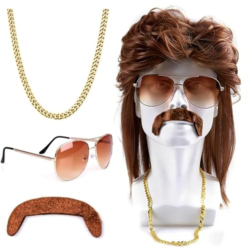 4 Pcs Set 80s Wig - Mens Wigs Brown Wave Mullet Wigs for Men - George Michael Style - Halloween Carnival Costume & Party Accessory
