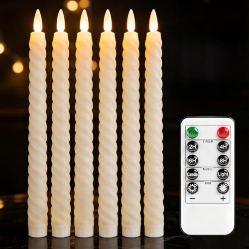 6 Pack LED Taper Candles Flameless Electric Candlesticks with Remote Control and Timer 3D Wick LED Candles Flickering Artificial Fake Candles for Home Wedding Table Decor (2.1*25.5 cm Ivory Spiral)