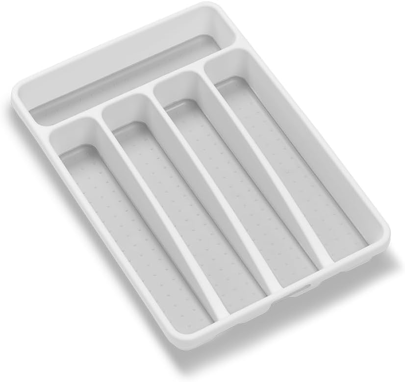 Small Silverware Tray, Compact 5 Compartment Flatware Organizer for Forks, Knives & Spoons, Non Slip, Soft Grip Lining, Fits Small Drawers, White