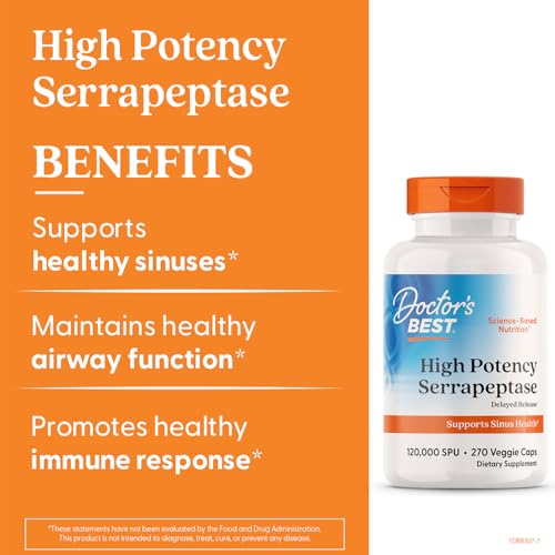Image of Doctor's Best Serrapeptase Supplement for Men & Women - Proteolytic Enzyme for Sinus & Immune Health Support, 120,000 SPU per Veggie Capsule, High Potency Formula, Non-GMO, Vegan - 270 Veg Caps
