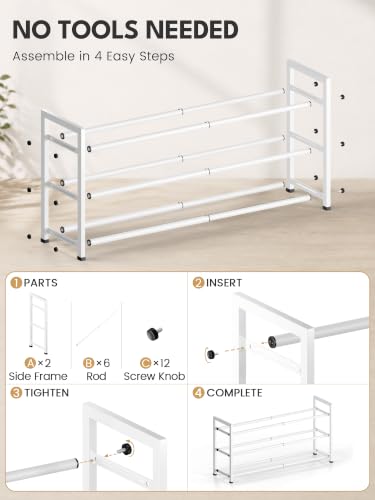 Image of Bumusty 3-Tier Expandable Shoe Rack for Closet, 18 inch-33 inch Adjustable Shoe Rack for Small Space, Small Shoe Organizer for Front Door, Sturdy Metal, White