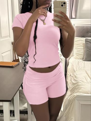 Image of AYWA Women's Two Piece Sets Summer Slim Fitted Short Sleeve Tops Foldover Shorts Matching Lounge Sets