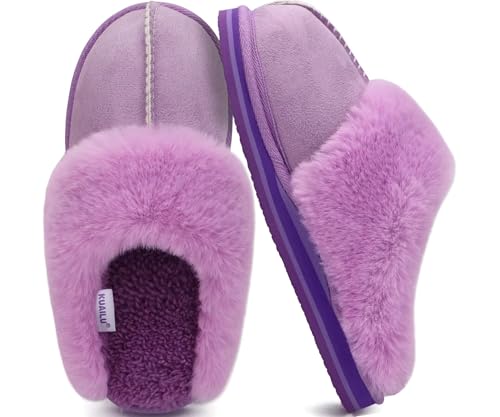 Image of KuaiLu Womens Cozy Memory Foam Slippers Ladies Fuzzy Faux Fur Lined Warm Arch Support House Shoes Slip on Comfy Winter Scuff Indoor Outdoor Rubber Hard Sole