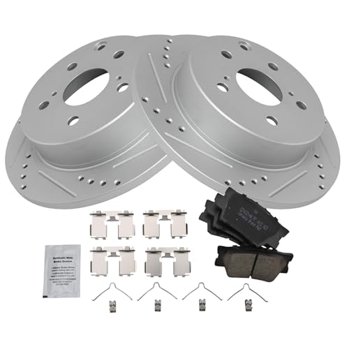 Image of TRQ Performance Rear Brake Pad and Rotor Set Ceramic Coated Drilled Slotted Rotors Compatible with 2010-2012 Lexus HS250h 2006-2018 Toyota RAV4