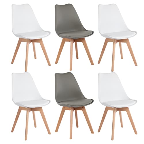 EGGREE 6er Set Esszimmerstühle mit Massivholz Buche Bein SGS Geprüfter Skandinavisch Design Gepolsterter Stuhl Küchenstuhl Holz, 4 Weiß + 2 Grün
