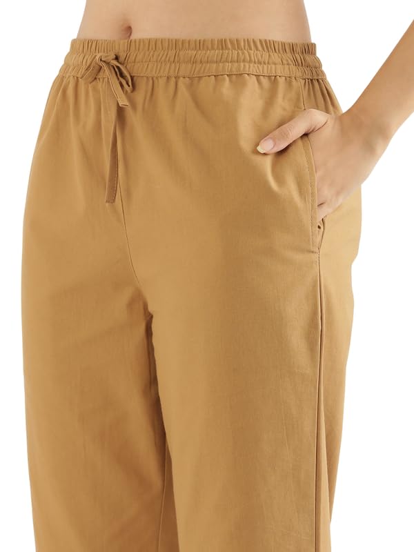 Image of SAADAA Cotton Straight Pants for Women | Breathable Everyday Wear Trousers | Drawstring, Deep Pockets & Elastic Waistband | Casual & Comfortable Fit