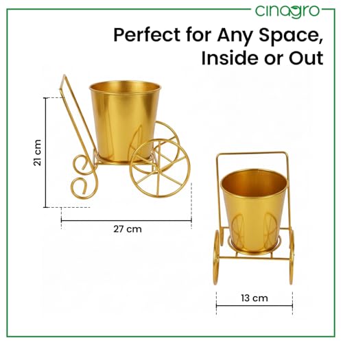 Image of CINAGRO Metal Wagon Planter, Gold Pram Rickshaw-Shaped Metal Plant Stand for Indoor & Outdoor Use, 2 Wheel Pot Stand, Flower Vase, Decorative Iron Pot Holder for Flowers & Ornaments, 27 x 13 x 21 cm