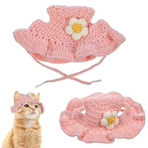 Pink Crochet Hats for Cats, Charming Cat Hat with a Flower Cotton & Soft Knitted Hat for Puppy Cats Kitten Dogs Pet Clothes Puppies Party Costume Head Wear Accessories Cat Hats