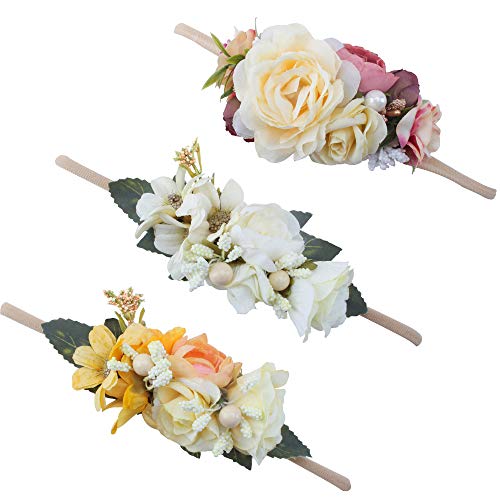 Baby Girl Floral Headbands Set - 3pcs Flower Crown Newborn Toddler Hair Accessories by mligril (off white, Small)