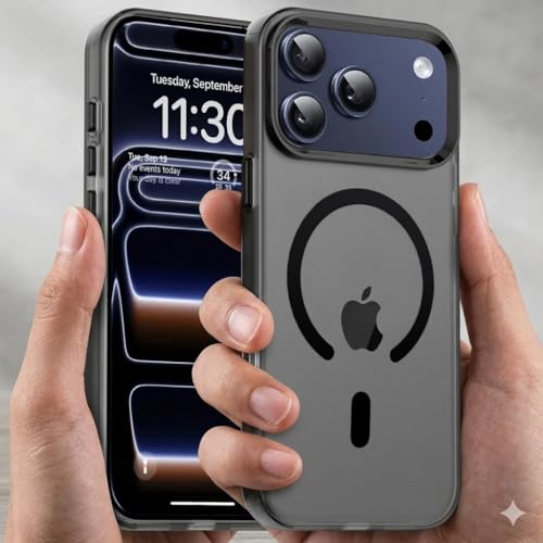 Elzzi Translucent Matte Back Cover for iPhone 17 Pro Max Case, Shockproof Anti-Fingerprint Phone Cover with Magnetic Wireless Charging, MagSafe Compatible Protective Case for Men & Women (Black)