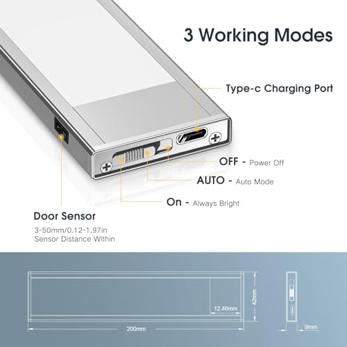 Image of VST Rechargeable Door Activated Under Cabinet Lighting Wireless 3000K | 2 Pack Light 1000mAh Battery Powered Magnetic Ultra-Thin 0.35 inch LED Light Bar with Contact Sensor For Drawer Closet