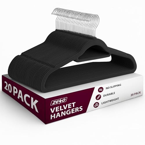 ZENO Velvet Hangers 20 Pack | Hangers for Clothes with 360 Swivel Hooks Non Slip Velvet Trouser Bar Notches & Tie Organisers | Space Saving Clothes Hanger | 44.5CM Long | Black