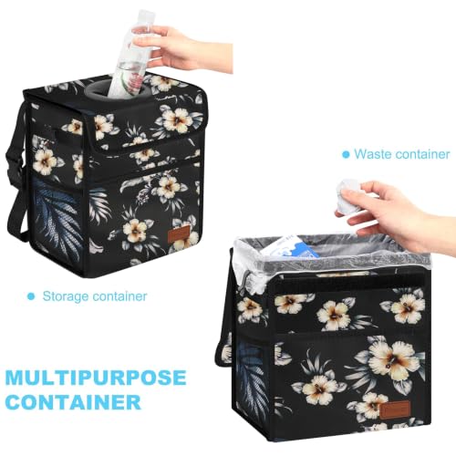 Image of Femuar Leak Proof Car Trash Can with Lid, Collapsible Hanging Waterproof Car Trash Bag with Mesh Pocket for SUV Front Seat Headrest, Large /Hibiscus Flower