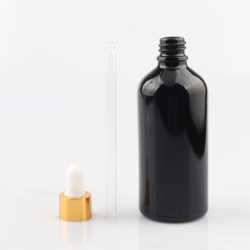 12 Pieza,Botella de Aceite Esencial Negro brillante de 100 Ml, Fácil de Llenar, Botellas de Cristal con anillo de Oro y pipeta,para Aceite Esencial, Masaje,Fragancia, Aromaterapia