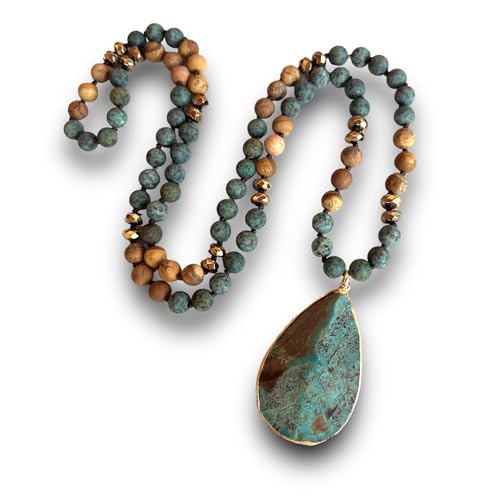 Long Genuine Stone beads and Pendant Necklace for Woman. Hand Knotted natural stone beads with big non-precious stone statement necklace. HANDMADE Boho Jewelry for women (Turquoise Green)