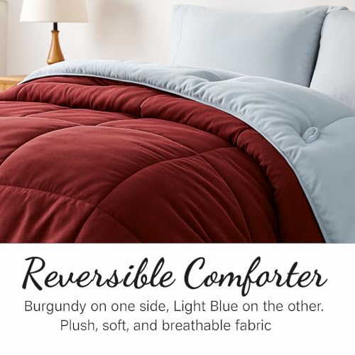 Image of Bed Comforter - Double Size - Red and Light Blue - 300 GSM Quilt Blanket Rajai - Winter Warm Down Alternative Duvet Insert with Corner Ties