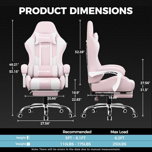 GTPLAYER Gaming Chair with Footrest, Computer Chair with and Lumbar Support, Height Adjustable Game Chair with 360°-Swivel Seat and Headrest and for Office or Gaming (Pink-Fabric)