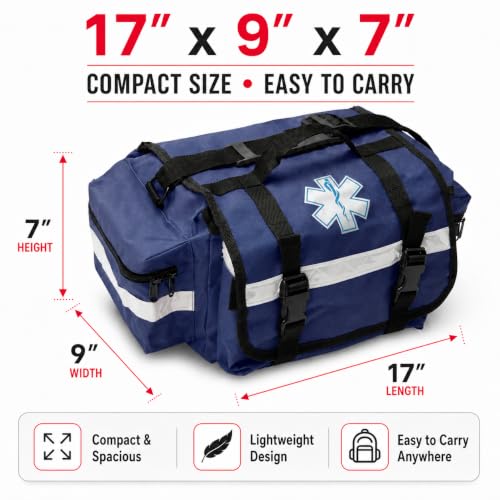 Image of NOVAMEDIC NM-RO63P Professional First Responder Bag, 17 inch x 9 inch x 7 inch Empty EMT Trauma Kit Carrier with Removable Dividers, Reflective Strips, Water-Resistant Base for Emergency Medical Supplies (Blue)