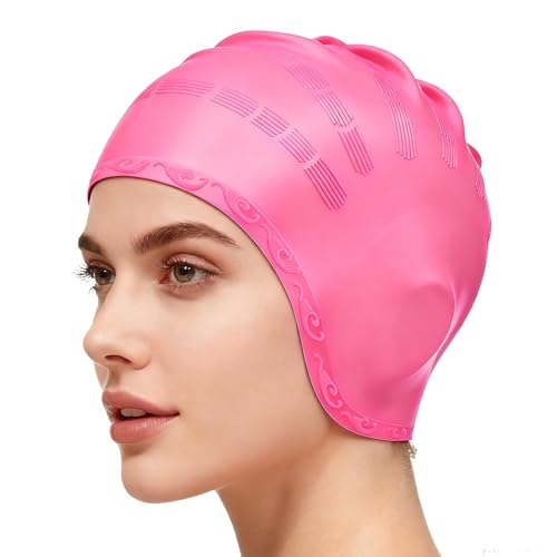 Image of Silicone Swiming Cap, Swim Caps with 3D Ear Protection Hypoallergenic Waterproof Swimming Hat Fits Long & Short Hair Lightweight Elastic Anti-slip Swim Hat for Women Men Adult & Youth (Pink)