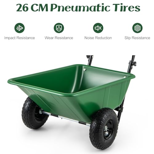 GiantexUK 2-Wheeled Wheelbarrow 80L, Garden Cart with Foldable Handle & Twin Pneumatic Tyres, Heavy-duty Metal Garden Trolley Handcart for Tools Plants Transport (Green+Black) - Image 3