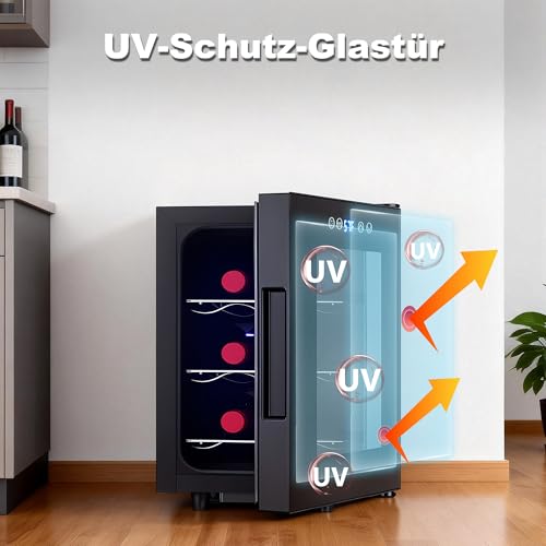 Iceblue Weinkühlschrank, digitale Temperatursteuerung für Weiß- und Rotwein, 6-Flaschen-Weinkühler mit Weinregal, Champagner-Weinkühlschrank für Bar, Zuhause, Küche, Geschenk – Schwarz