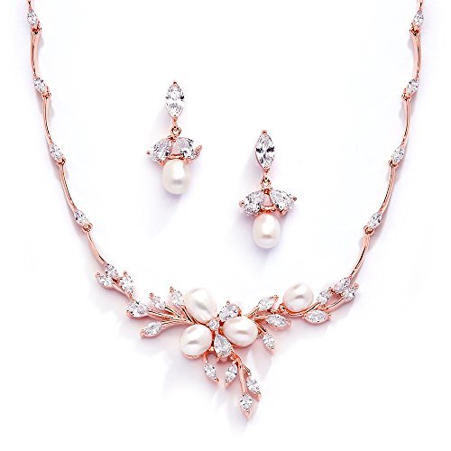 Mariell 14K Rose Gold Plated CZ Bridal Wedding Freshwater Pearl Necklace and Earrings Jewelry Set