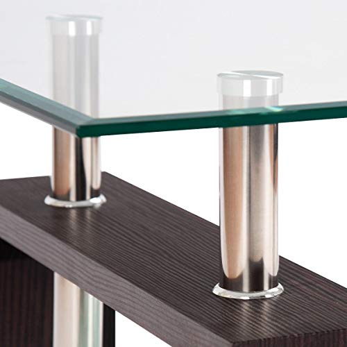Tangkula Rectangle Glass Coffee Table, 2-Tier Tea Table W/Tempered Glass Tabletop & Stainless Steel Tube, Modern Center Side Table W/Wooden Legs & Lower Shelf, Glass End Table For Living Room #TOP6